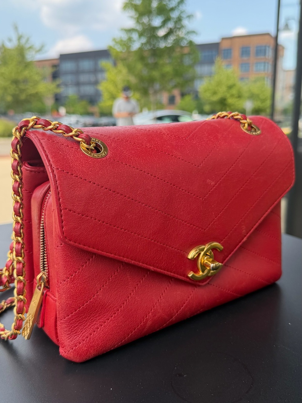 CHANEL Red Chevron Quilted Shoulder Flap Bag with Gold Hardware